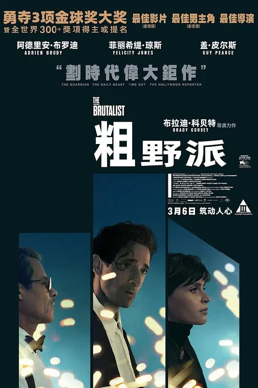 名称：粗野派 The Brutalist (2024)描述：故事围绕匈牙利出生的犹太建筑师拉斯洛·托斯与妻子埃尔兹贝特展开