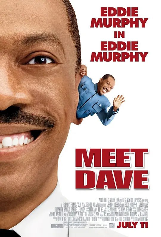 名称：戴夫号飞船 Meet Dave (2008)描述：身着一身白西装的戴夫(艾迪·墨菲 Eddie Murphy 饰)看起来是个彬彬有礼的中年人，虽然身处现代纽约的他总显得和这个年代、这个大都市格格不入，但谁能想到，这个看起来非常真实的“人”其实是一架人形飞船链接：