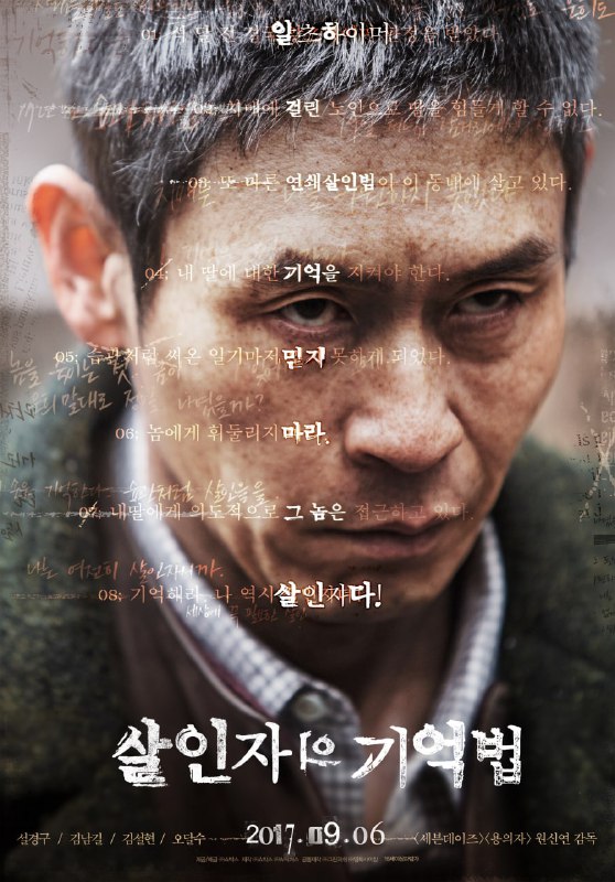 名称：杀人者的记忆法 原盘Remux描述：《杀人者的记忆法》是由Showbox Corp、Greenfish、W-Pictures联合出品的一部韩国惊悚动作犯罪片，由元信延执导，薛景求、金南佶、金雪炫、吴达洙主演，于2017年9月6日在韩国上映