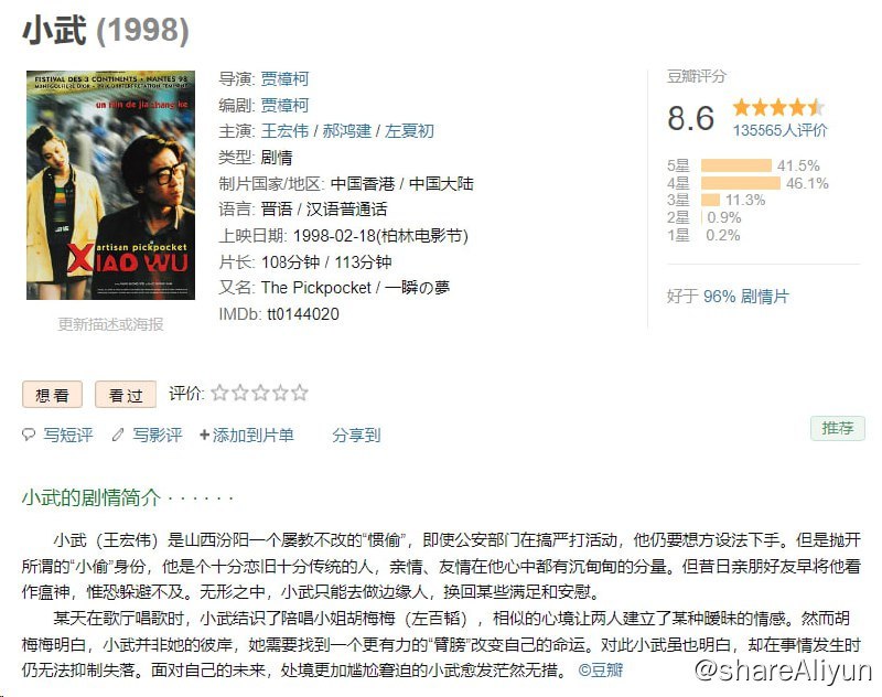 名称：《小武》豆瓣8.6分，易和谐描述：贾樟柯的处女作，尽管被禁多年依然获奖无数，成本只有20万，且全部演员都是非职业的，却留名影史，最真实的那个时代